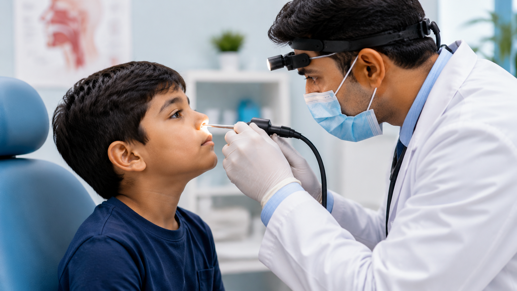 Doctor examining a boys nose as a part of adenoid treatment