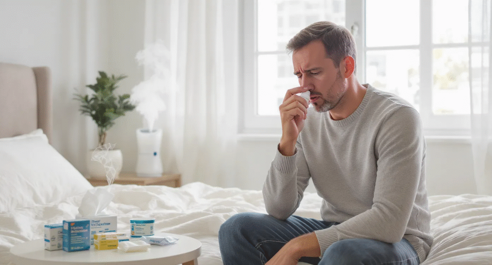 A man with nose block using nasal spray