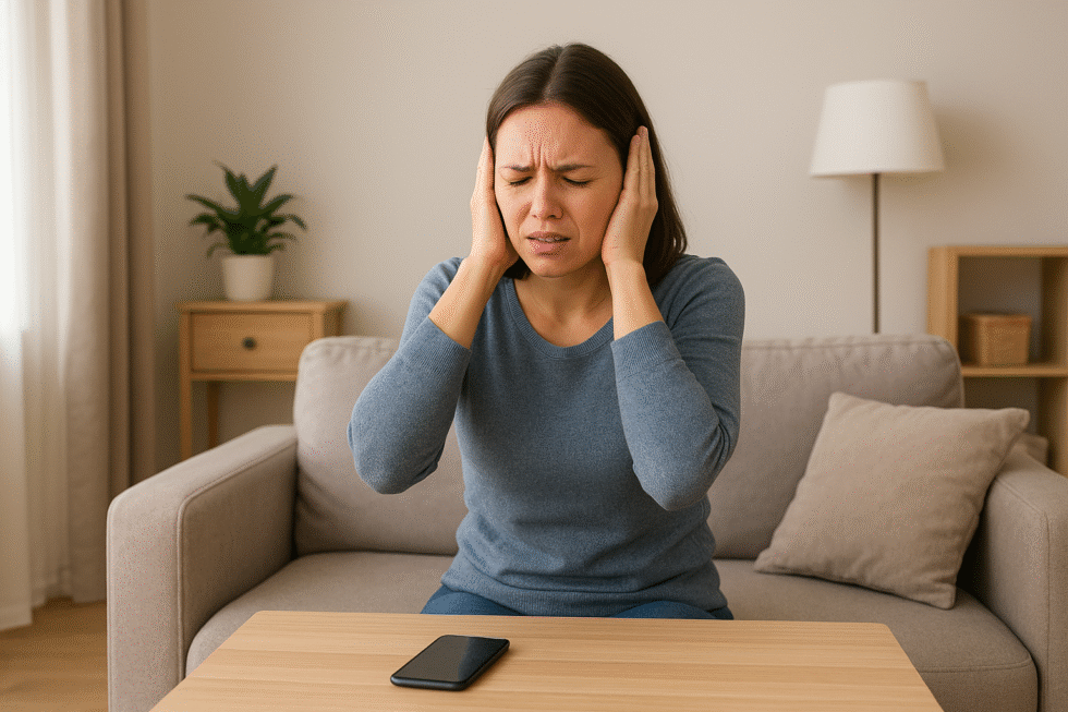 A women sensitive to loud noise  closing ears