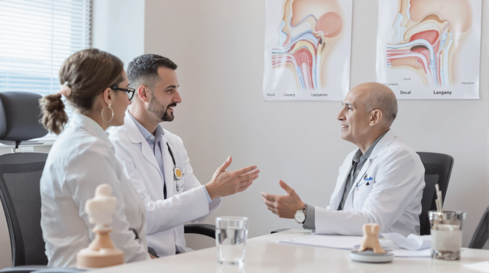 ENT specialists discuss a patient’s voice and throat concerns during a medical consultation.