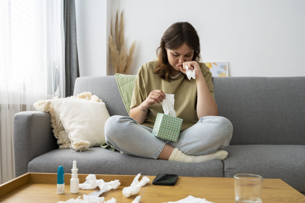 A woman experiencing nasal congestion and discomfort while resting at home