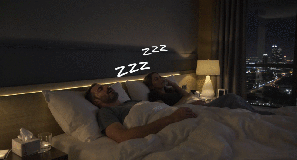 A man is snoring while sleeping beside his partner,