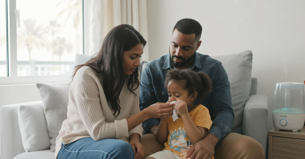 A family caring for a child experiencing a nosebleed at home