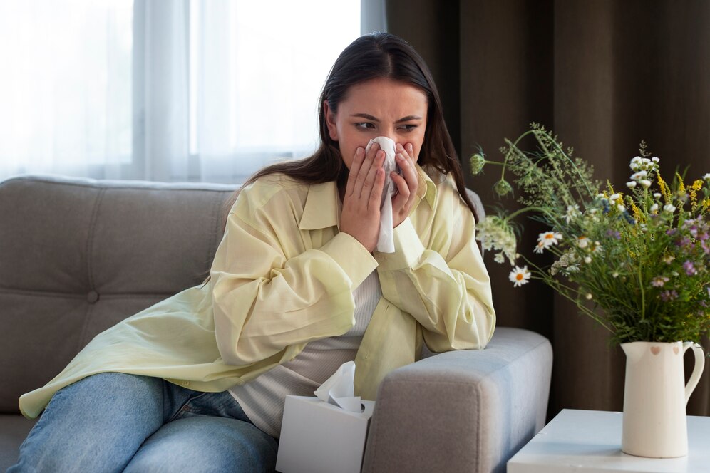 A woman experiencing allergic rhinitis symptoms, such as sneezing and nasal congestion, while sitting indoors near flowers that may act as allergy triggers.