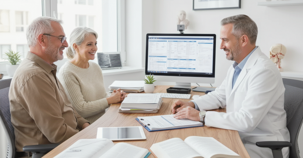 an older couple discussing hearing health with an ENT/audiology doctor.