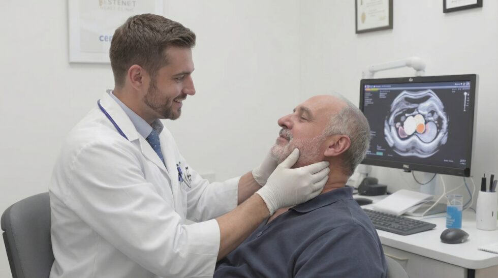 an ENT/head-and-neck doctor examining an older male patient’s jaw and neck area, with a medical scan visible on the monitor in the background