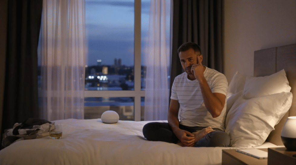 an adult man sitting on his bed and touching his ear, appearing bothered by a persistent ringing or buzzing sensation.