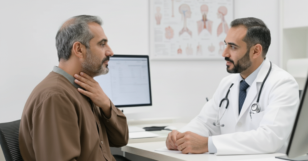 a middle-aged man experiencing throat or neck discomfort while an ENT/medical specialist listens and evaluates his symptoms.