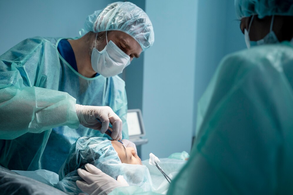 Realistic rhinoplasty surgery scene showing a surgeon performing a nasal procedure on a patient in a sterile operating room.