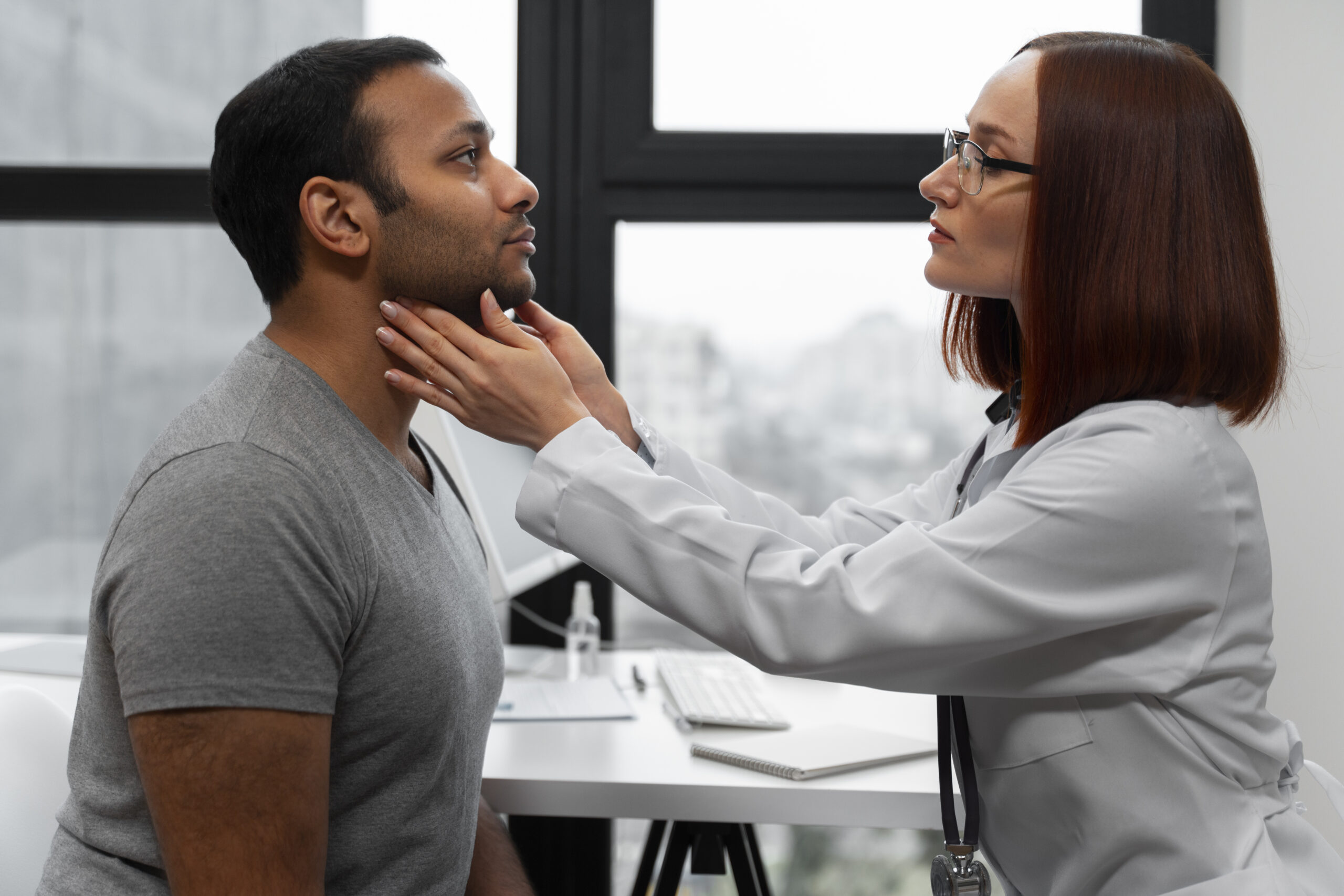 a doctor examining a male patient’s throat and neck area