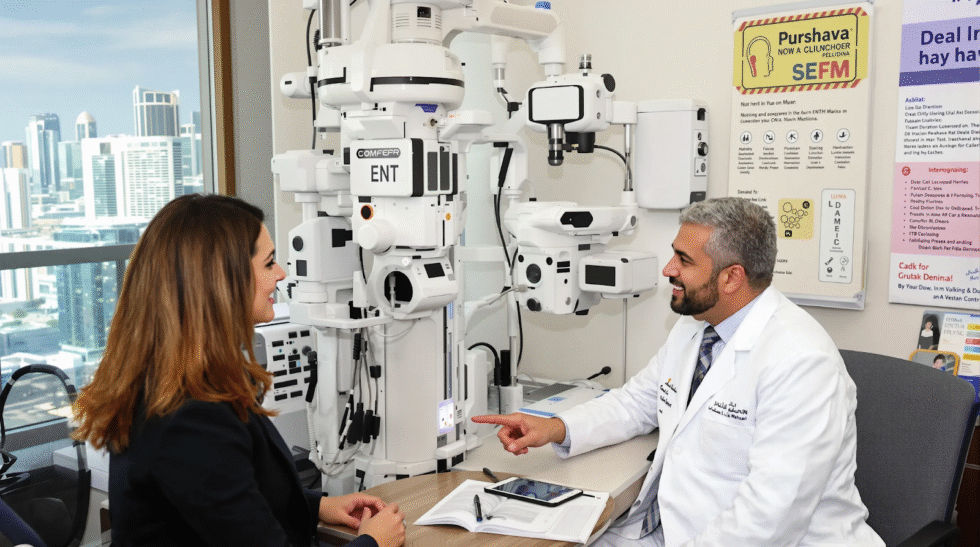 a specialist discussing a patient’s ear, nose, or throat concerns in a modern medical clinic, with advanced ENT examination equipment in the background.