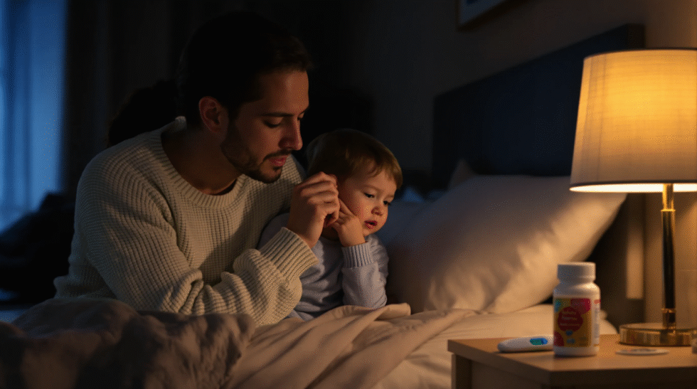 A father gently cares for his young child experiencing ear discomfort at bedtime