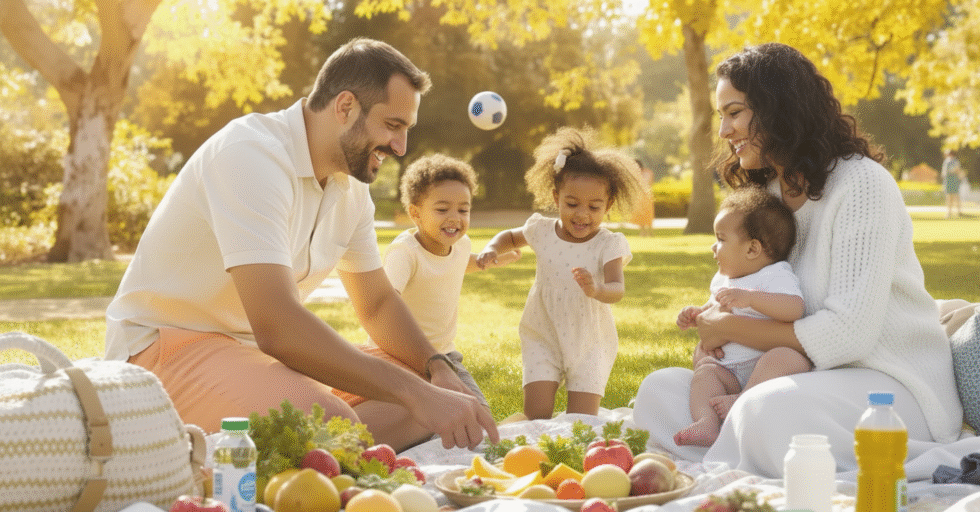 a happy family enjoying a healthy outdoor lifestyle, with fresh fruits and nutritious food.