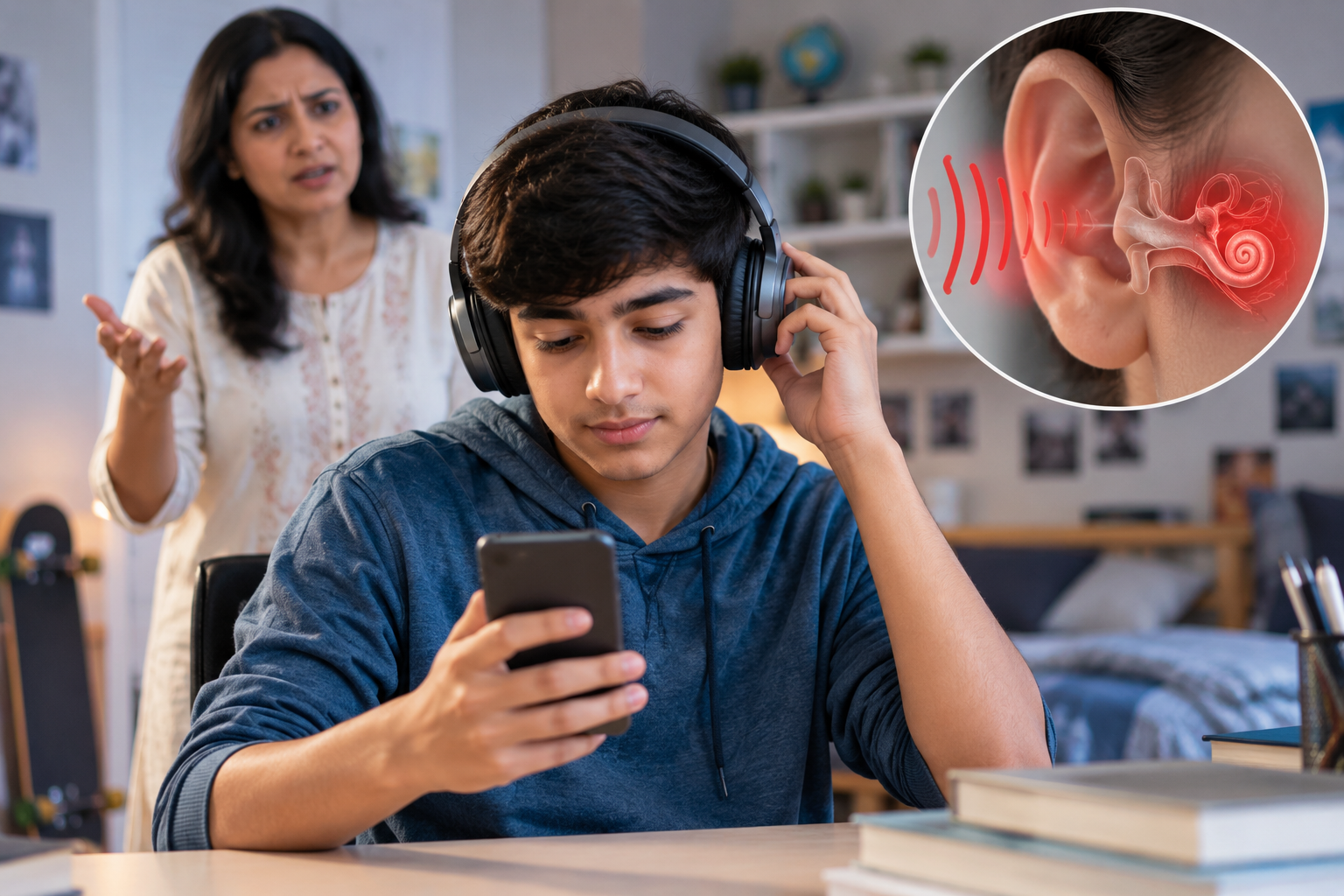 a teenager wearing headphones while using a smartphone, with a concerned parent in the background