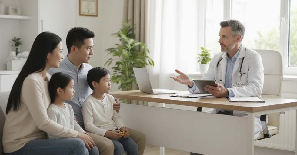a doctor explaining influenza-related health information to a family during a consultation.