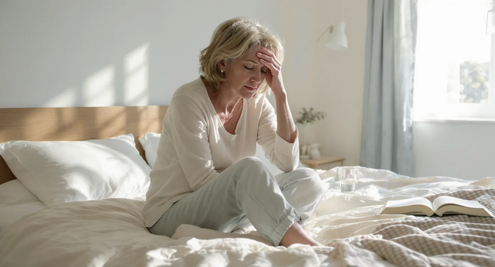 an older woman experiencing dizziness or discomfort while sitting on her bed, with her hand on her forehead.