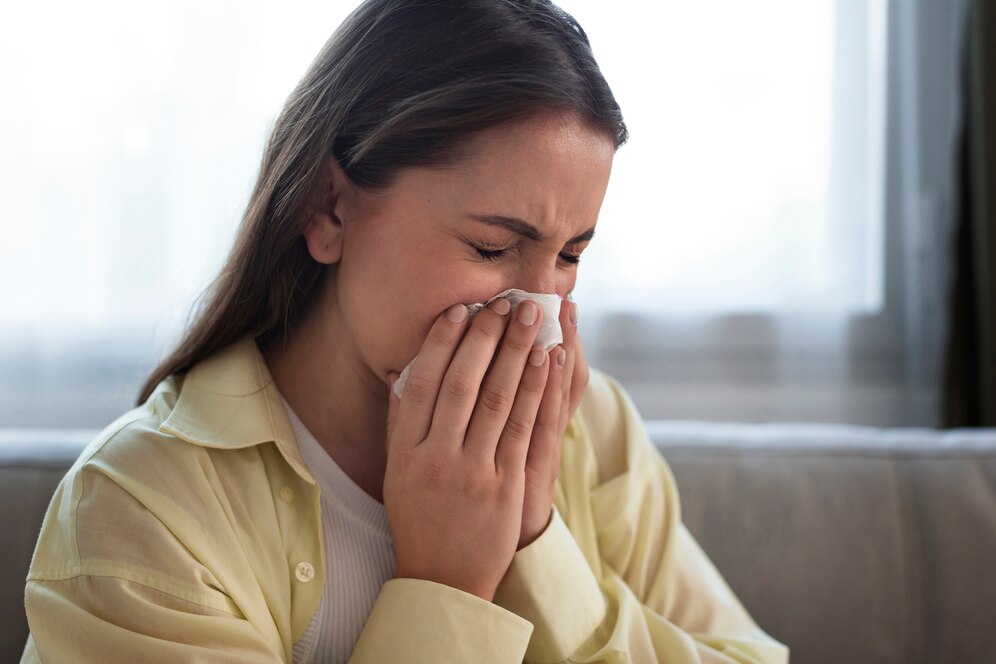 a woman experiencing allergy or upper-respiratory symptoms.