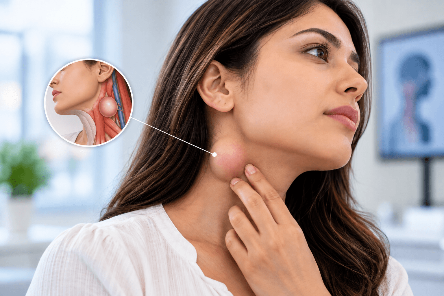 woman examining the neck lump is clearly the focal point.
