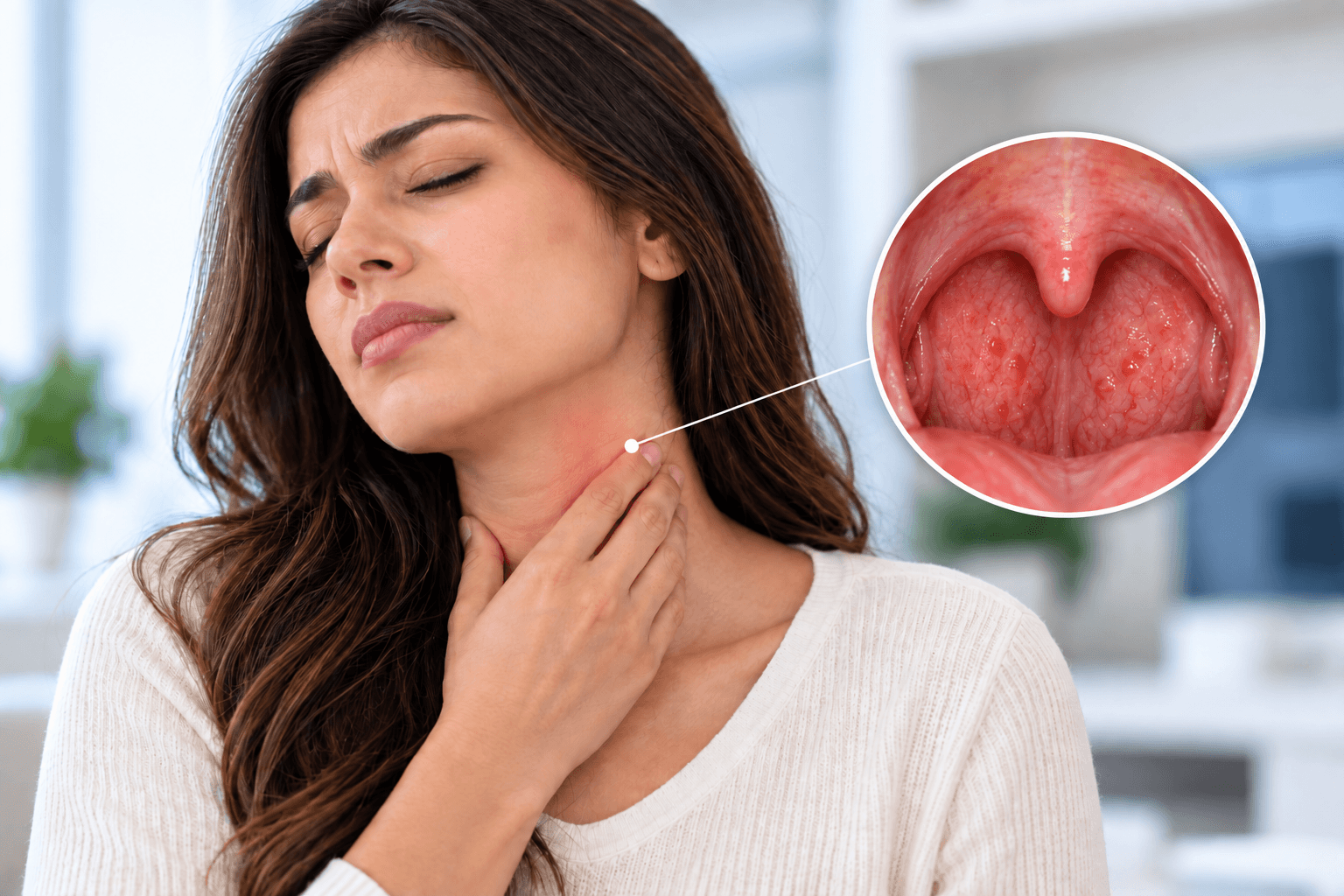 a woman experiencing chronic throat discomfort, with her hand placed on her neck.