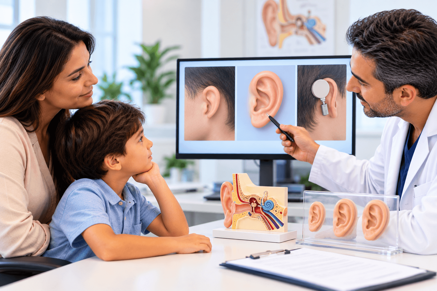 ENT specialist discussing microtia and ear reconstruction options with a child and parent.