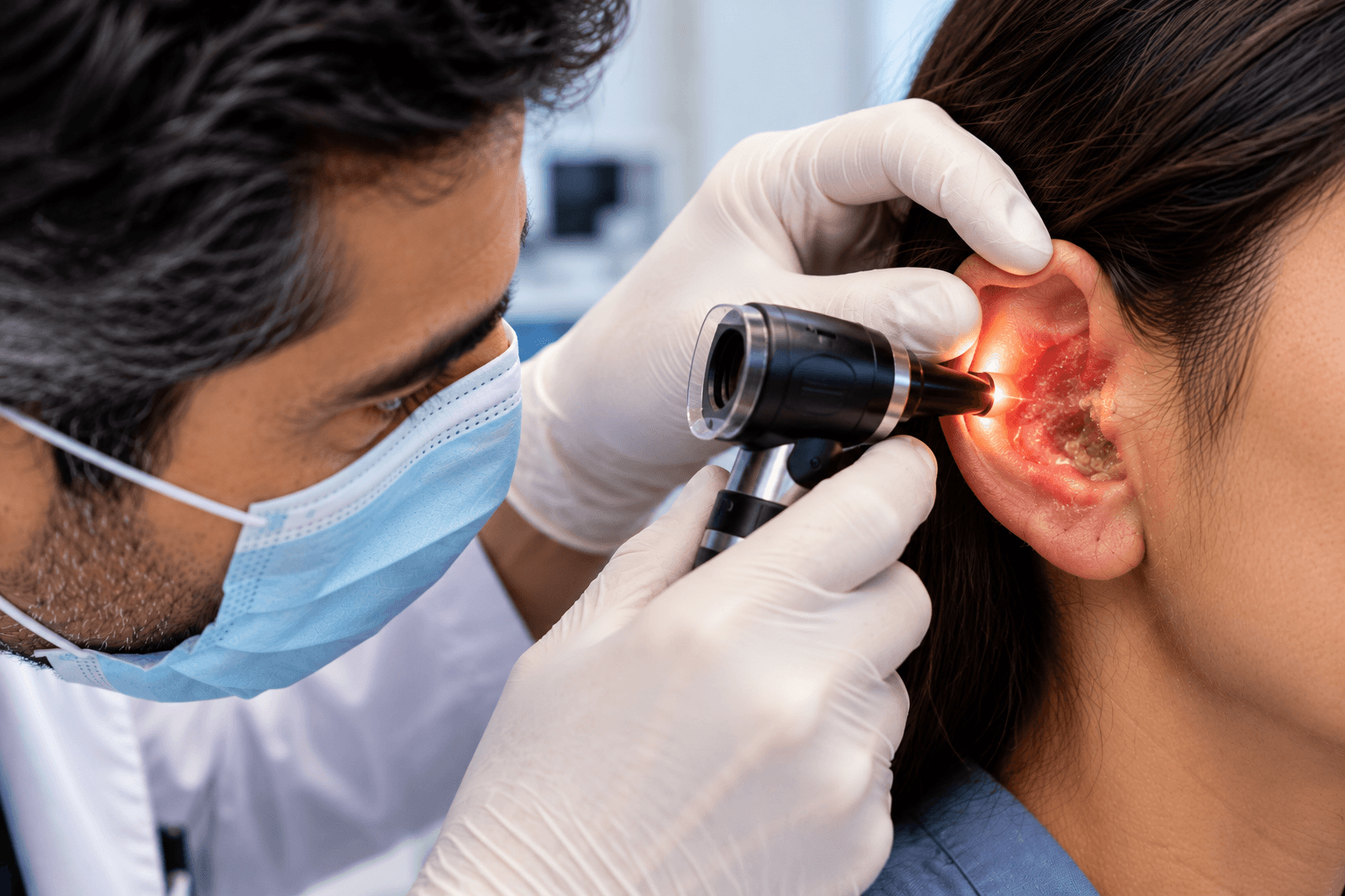 ENT specialist examining an visibly inflamed ear canal