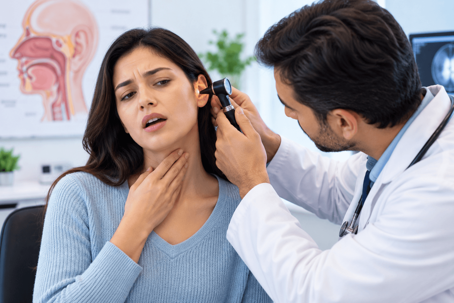 doctor examining the patient's ear while she touches her throat