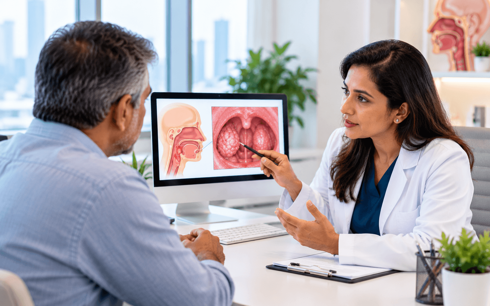 ENT doctor explaining tonsil symptoms and examination to a patient.