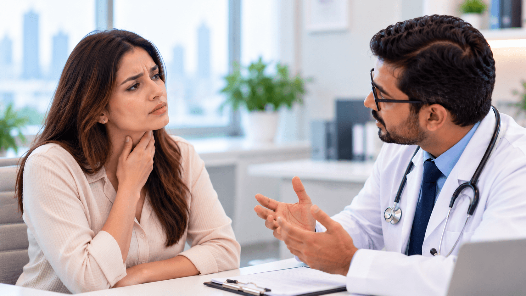 Woman experiencing throat tightness while consulting an ENT specialist