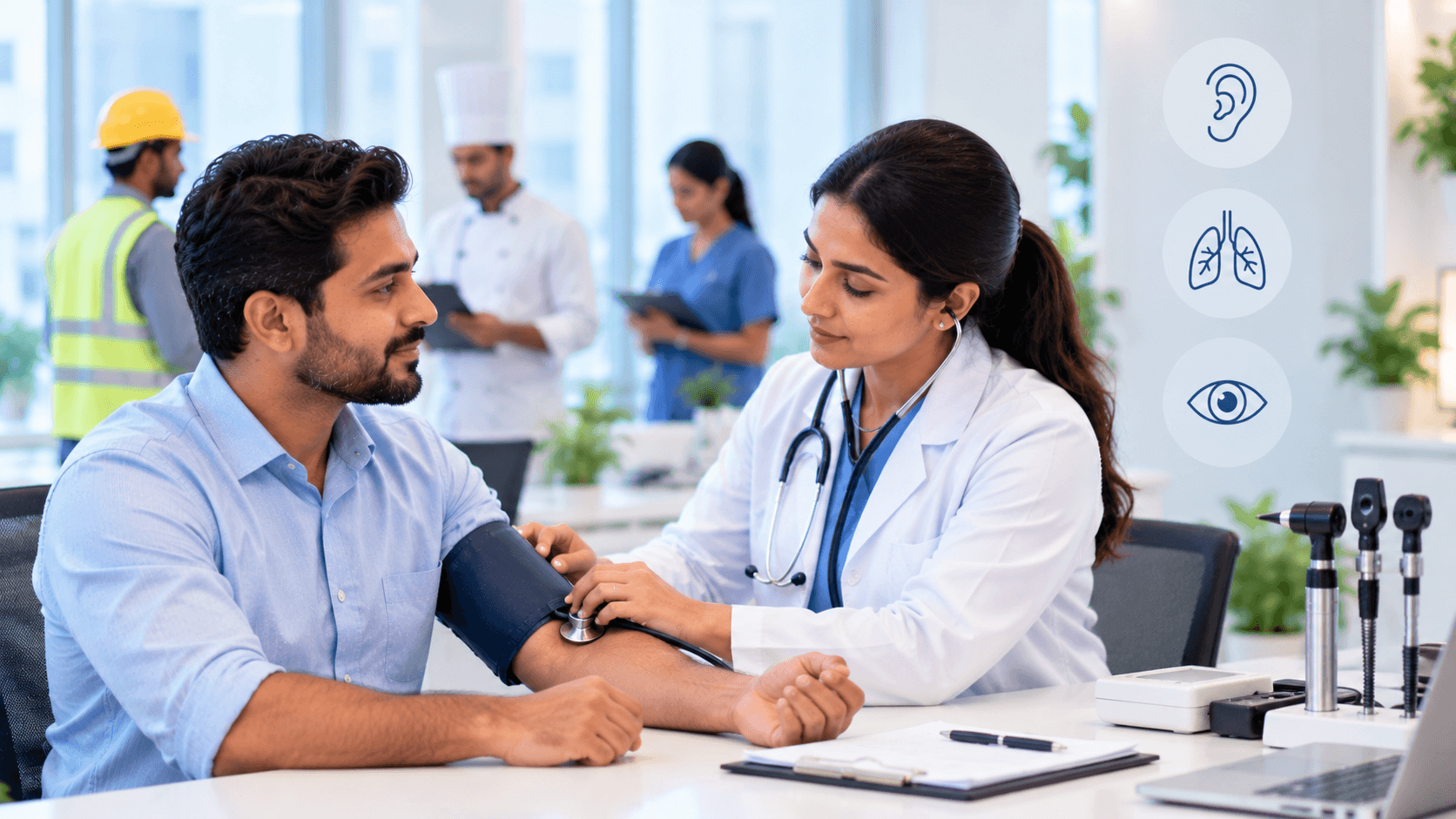 Occupational health screening in Dubai with a doctor assessing an employee’s health