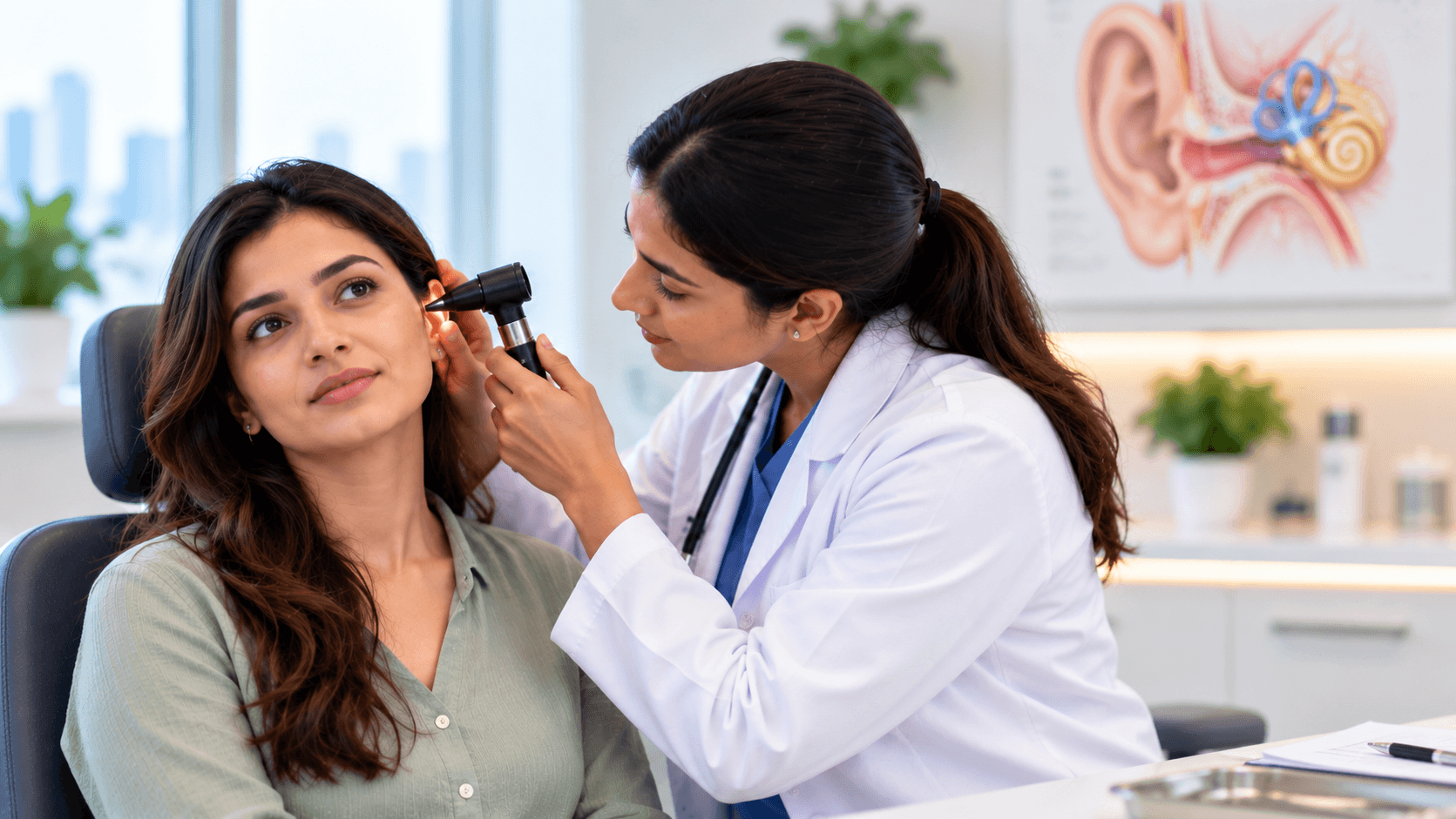 ENT specialist examining a patient’s ear during an assessment for ear and balance problems