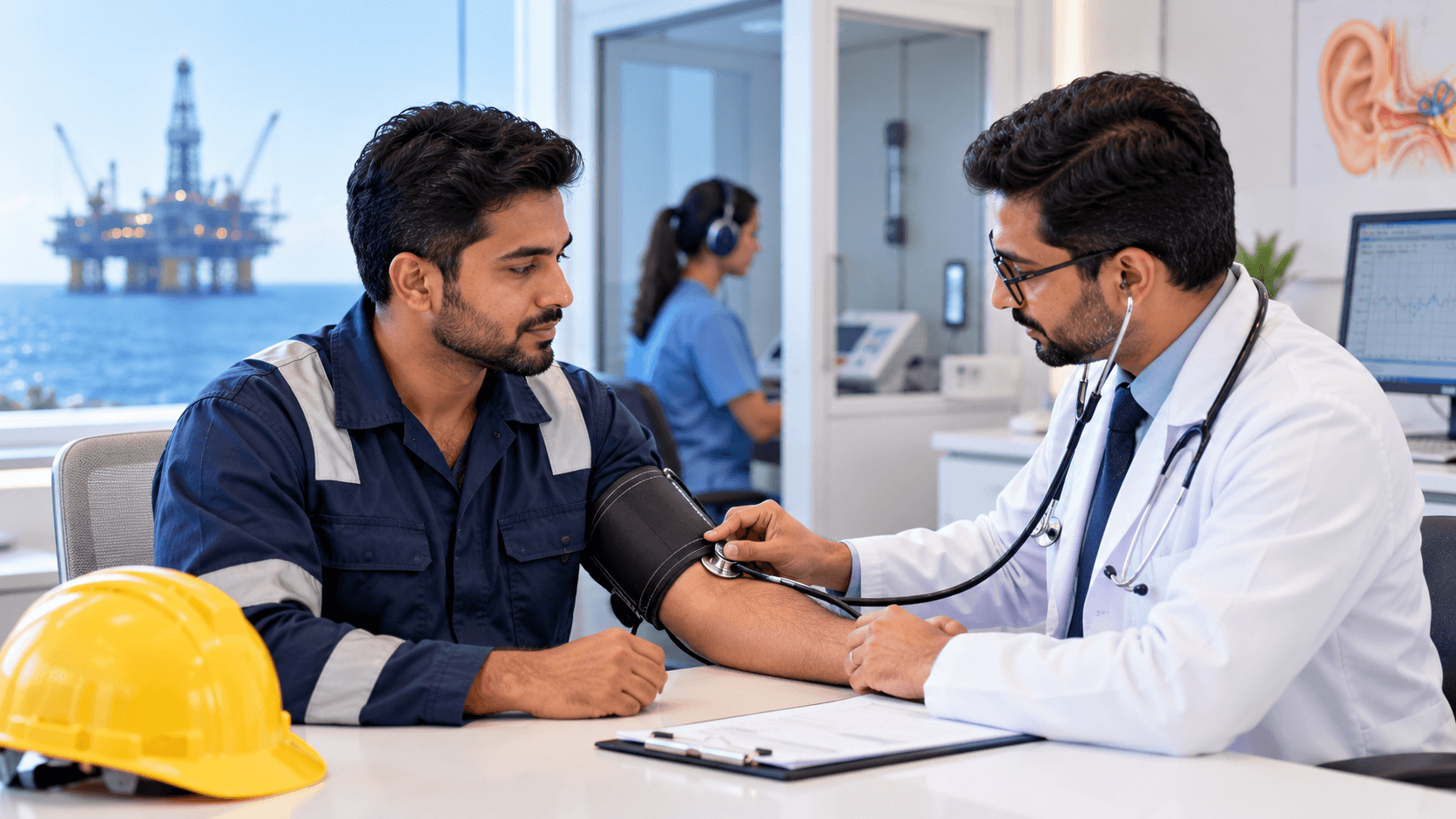Doctor assessing an offshore worker during an occupational medical examination in Dubai