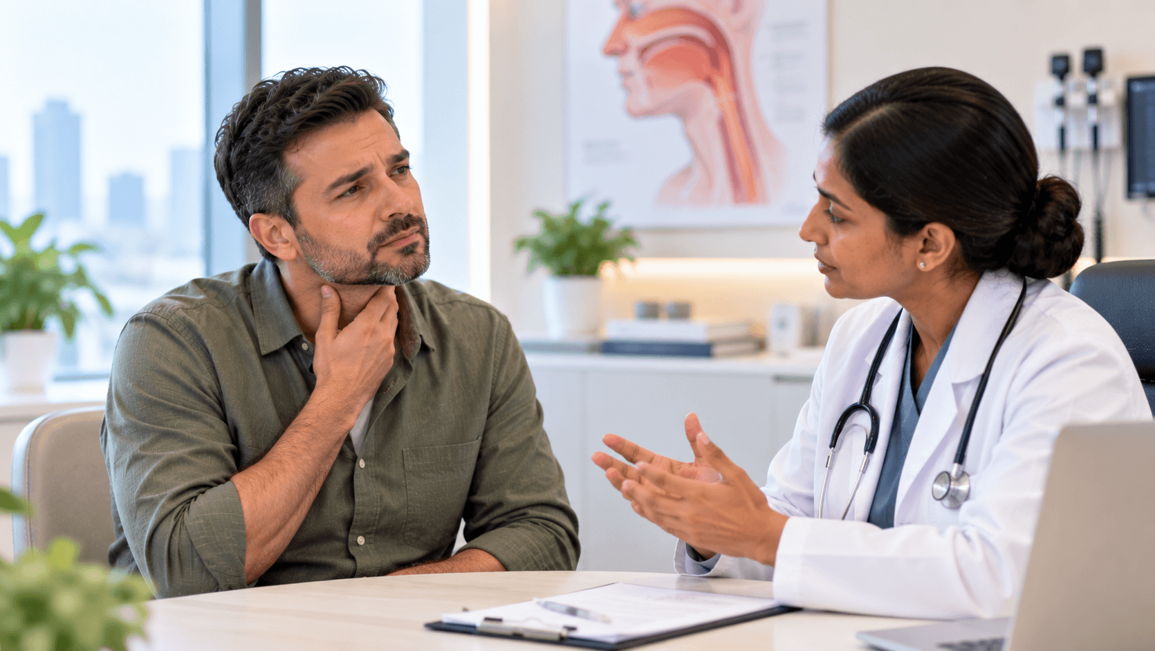 Man experiencing throat discomfort while consulting an ENT specialist about acid reflux