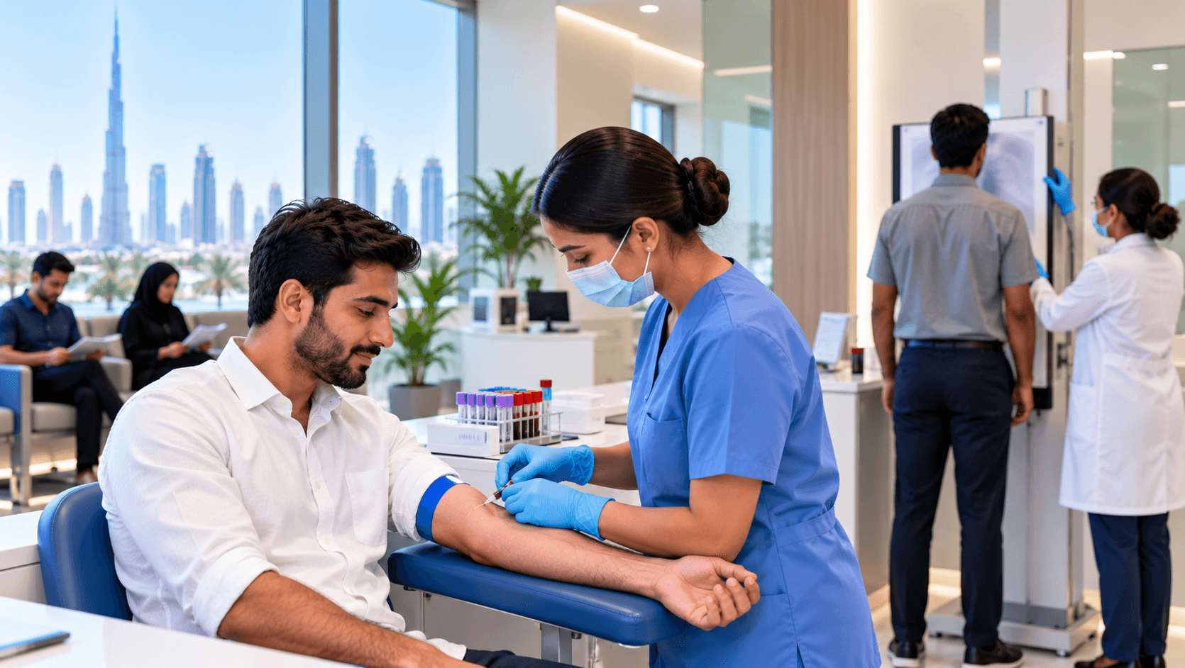 Applicant undergoing a blood test at a medical screening centre for UAE visa medical fitness