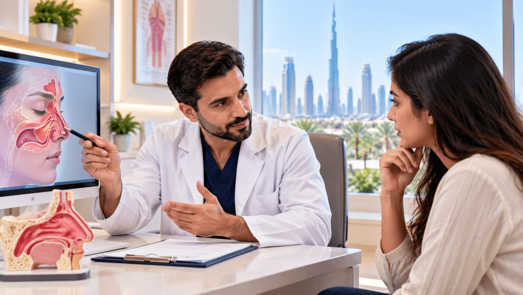 ENT specialist explaining sinus inflammation and nasal anatomy to a patient during a consultation