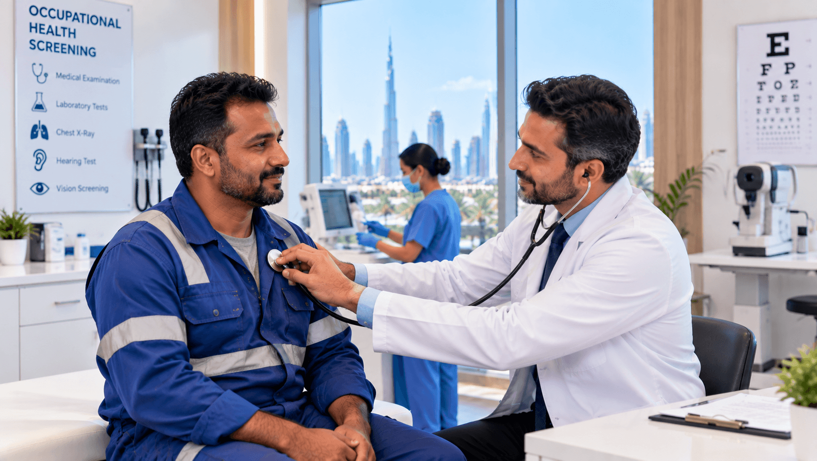 Doctor conducting an occupational health examination for an employee in a Dubai clinic